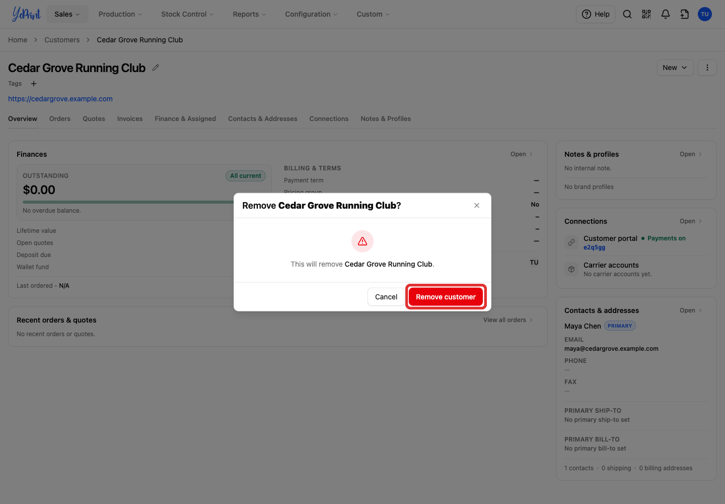 Verify the customer name in the dialog, then click Remove customer.