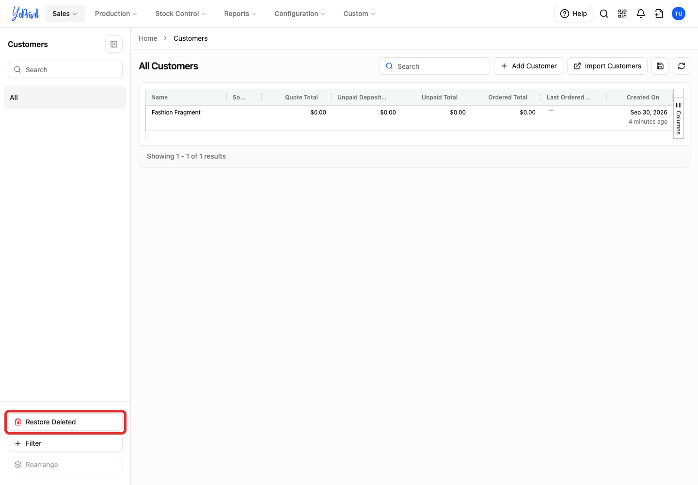 On the Customers page, click Restore Deleted.