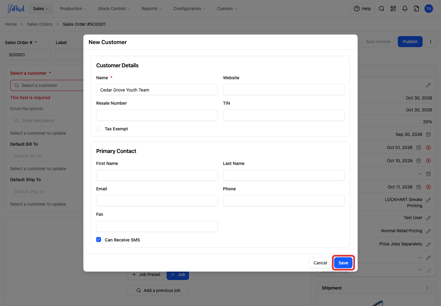 Click Save. The new customer is selected on the order.