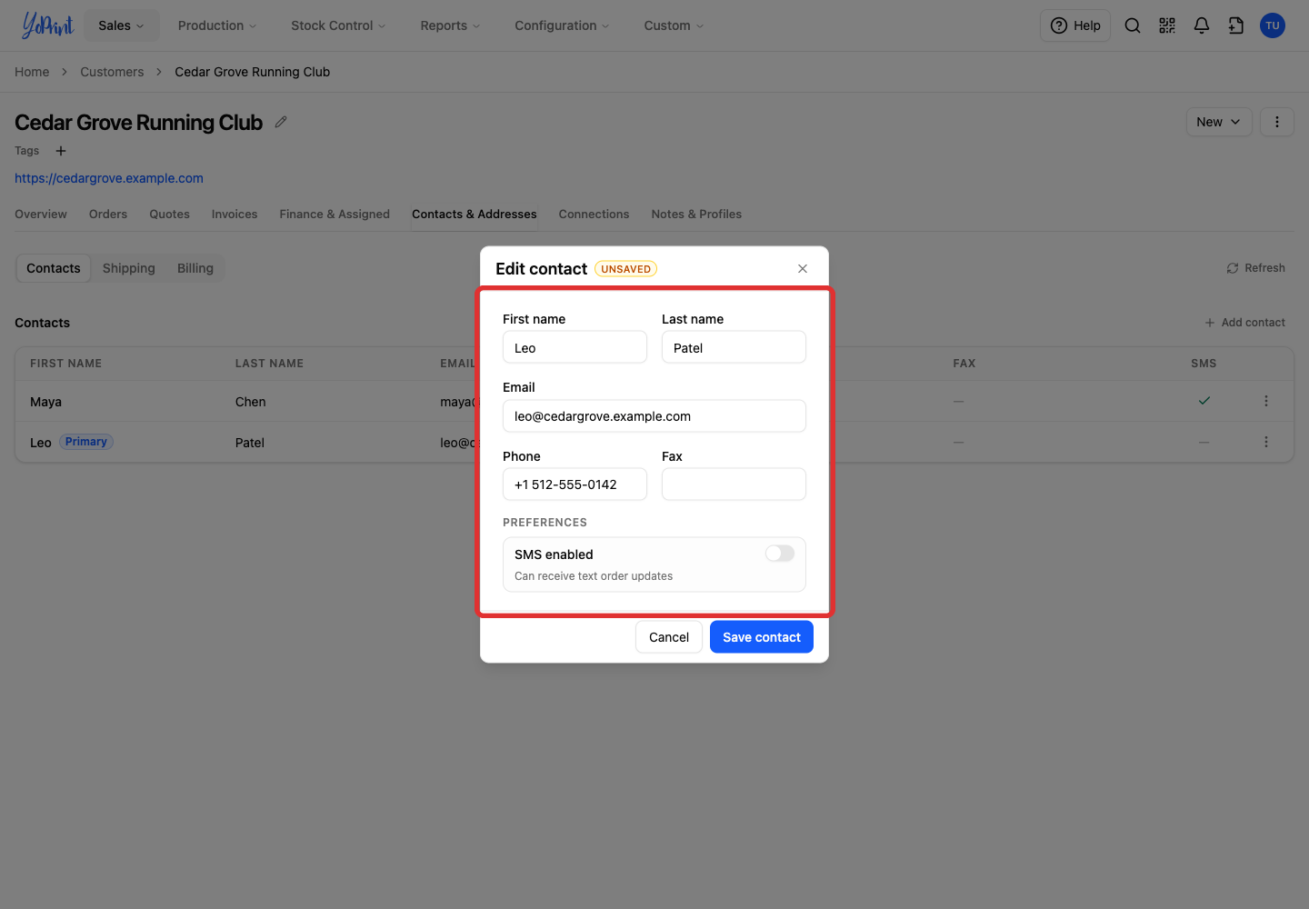 Update contact details in the form