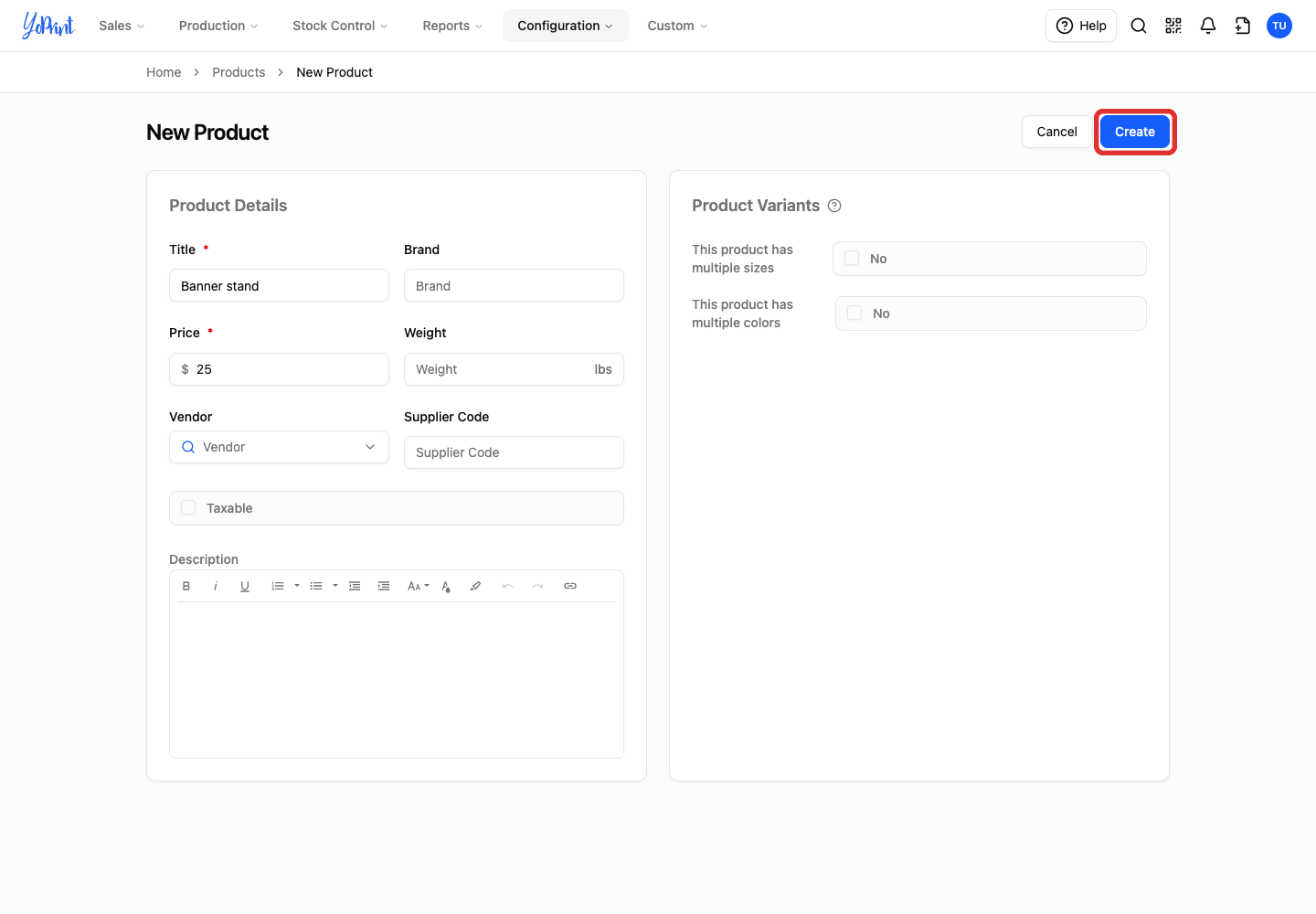 Create a product without variants