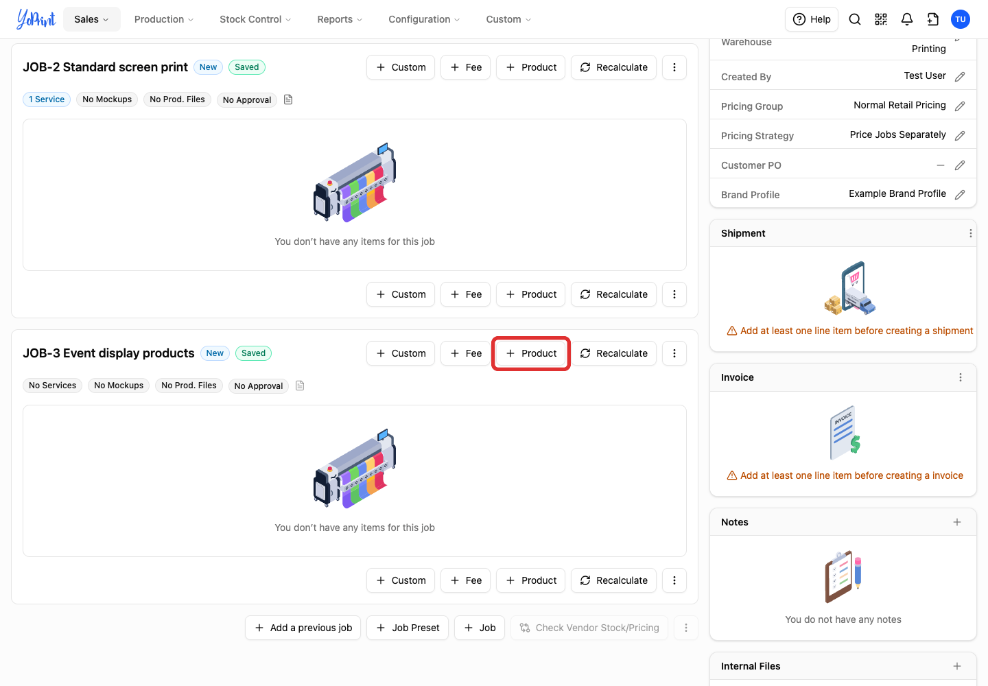 Add a saved product to the job