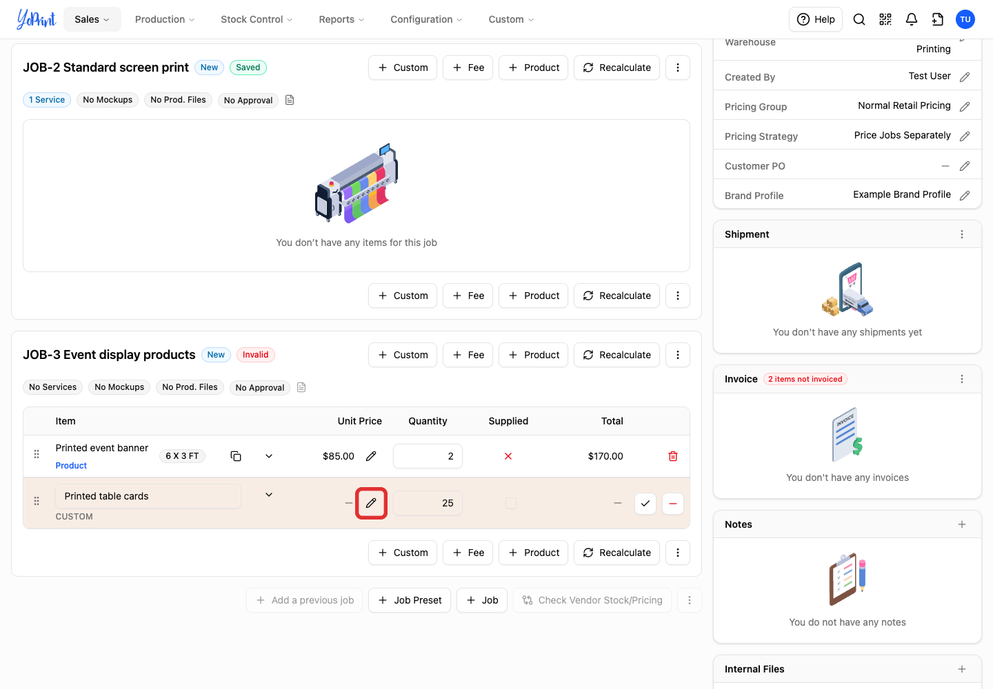 Open the custom item pricing controls