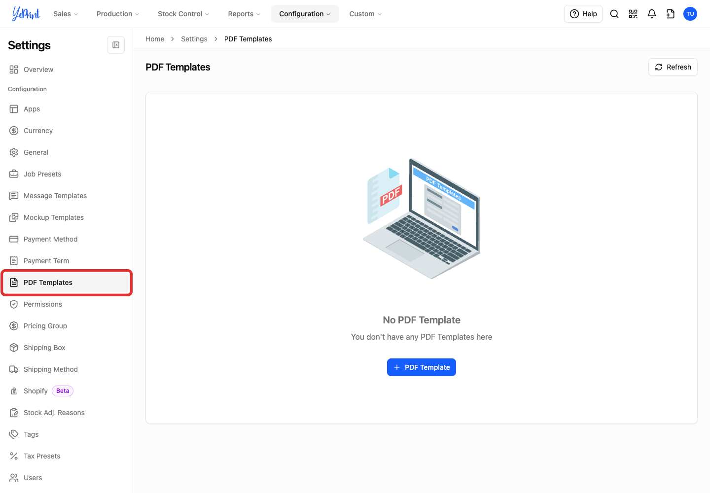 PDF Templates in Settings