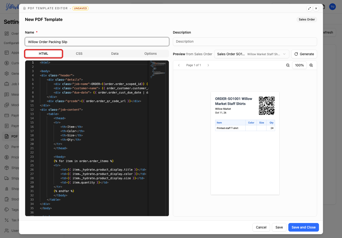 HTML tab in the PDF editor