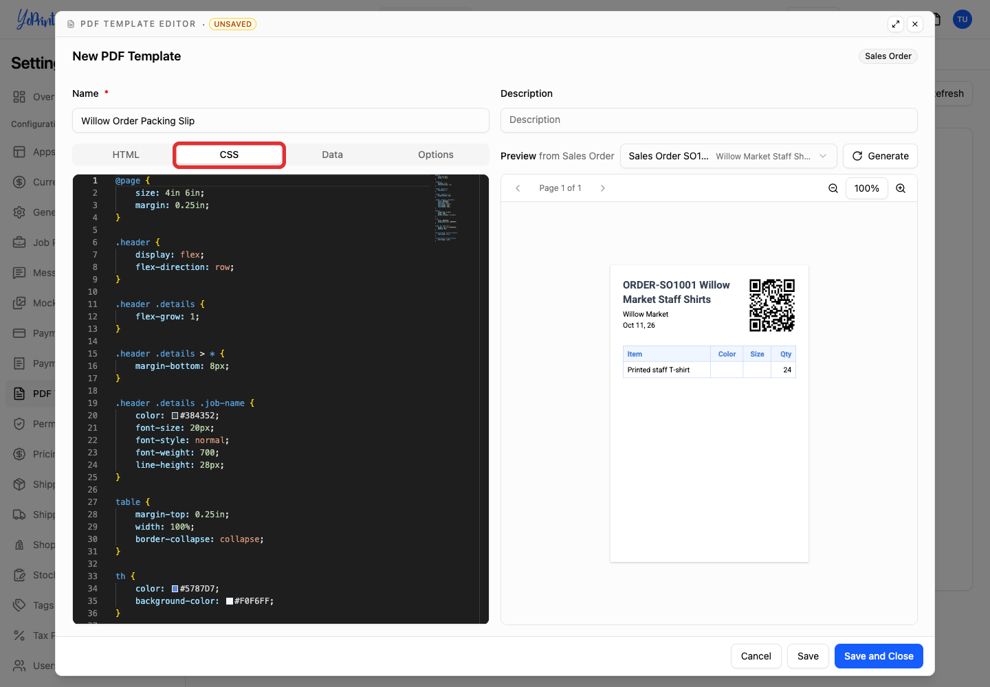 CSS tab in the PDF editor