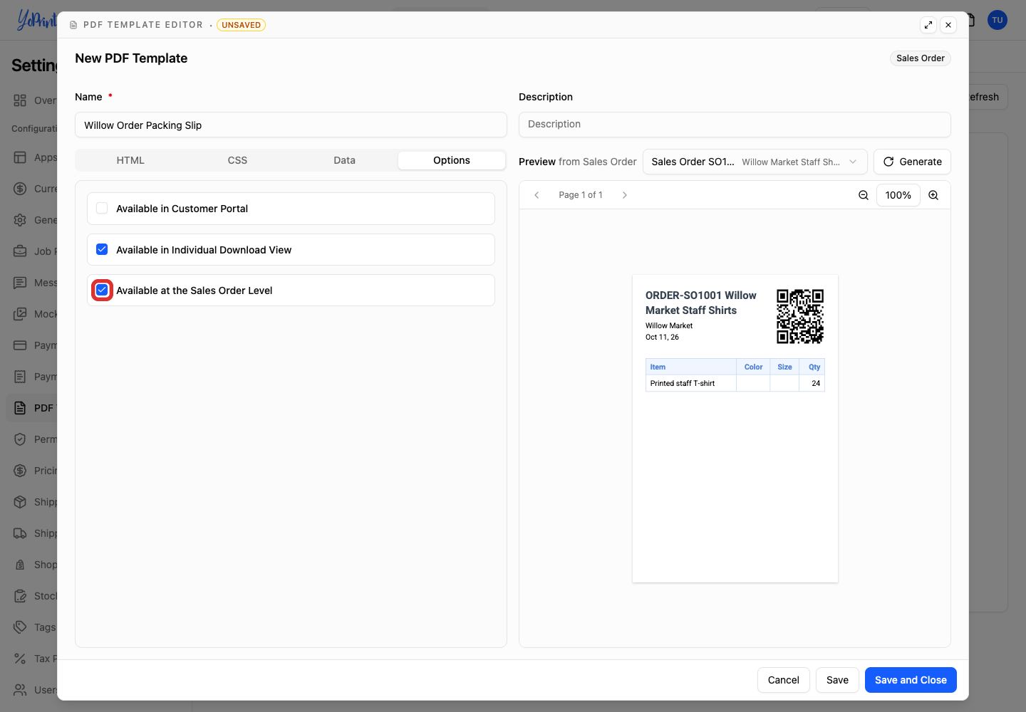 Make the template available at sales order level