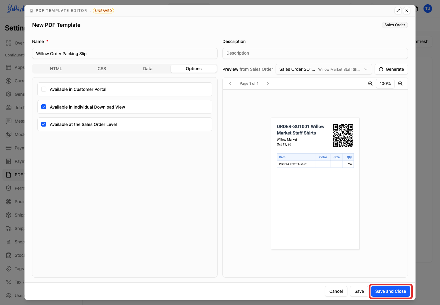 Save the PDF template and close the editor
