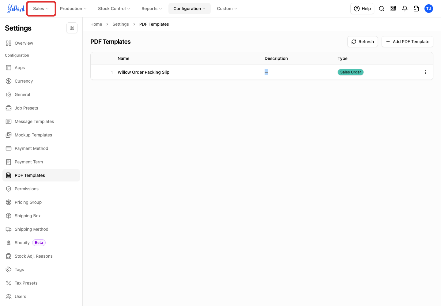Sales menu