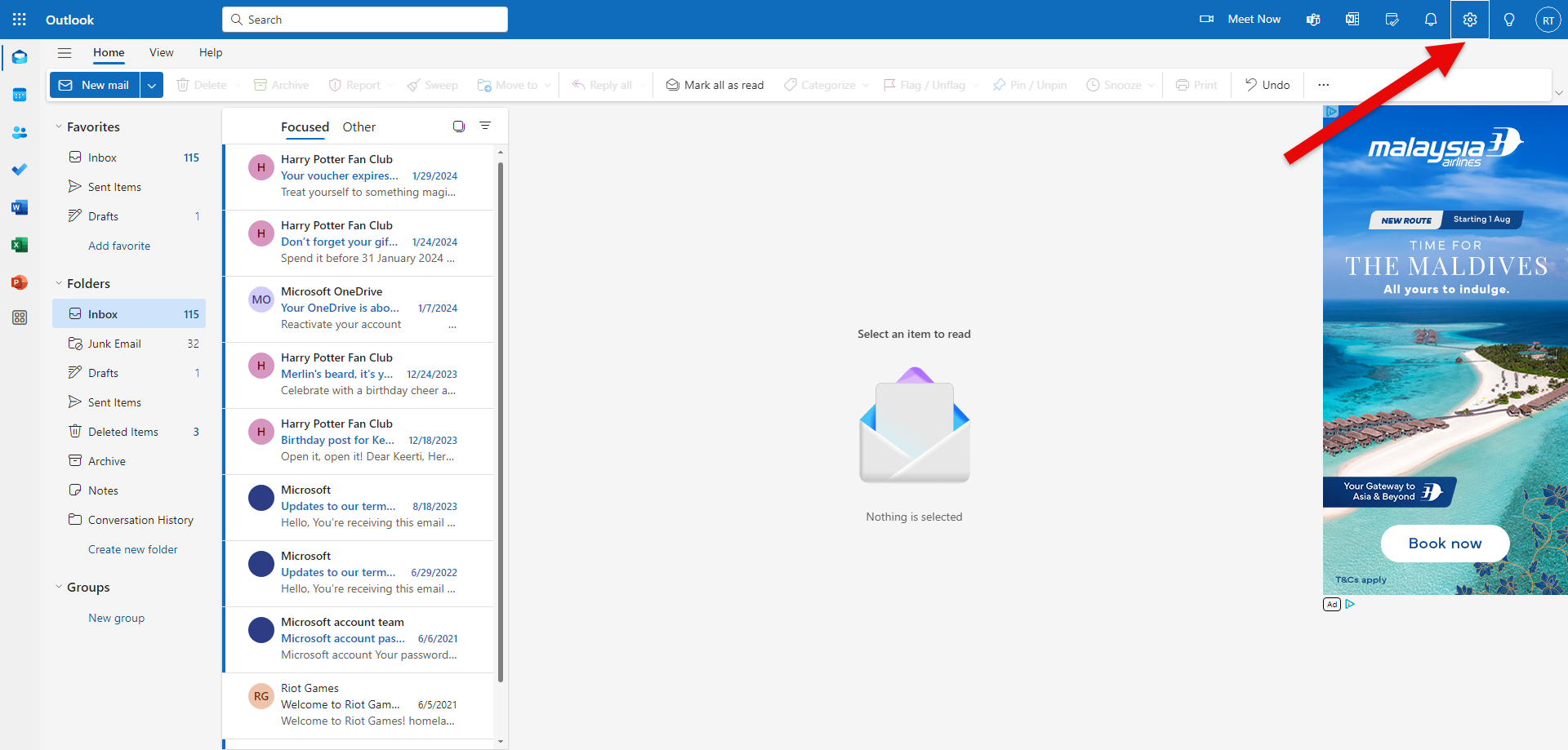 Outlook Settings gear