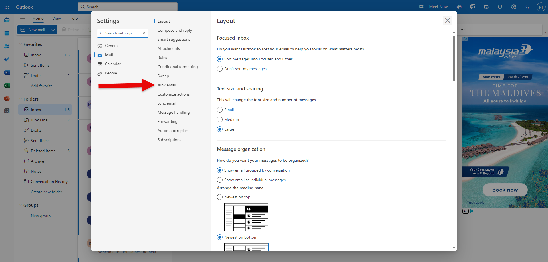 Junk email in Outlook's Mail settings