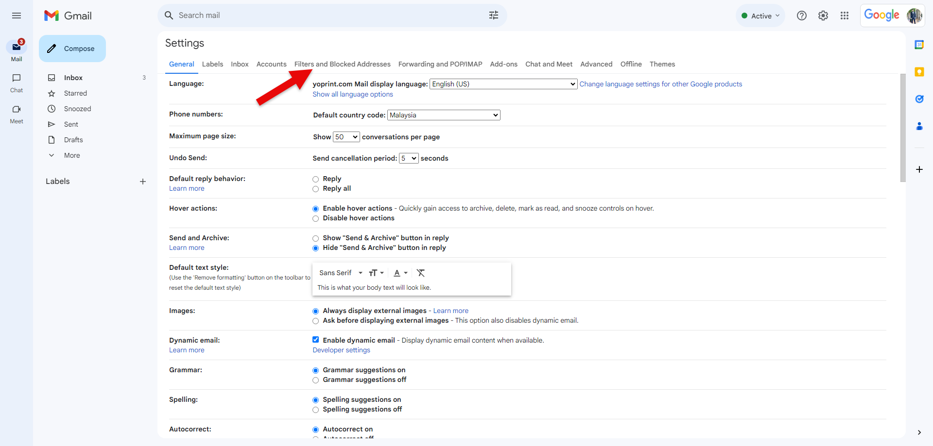 Filters and Blocked Addresses tab in Gmail