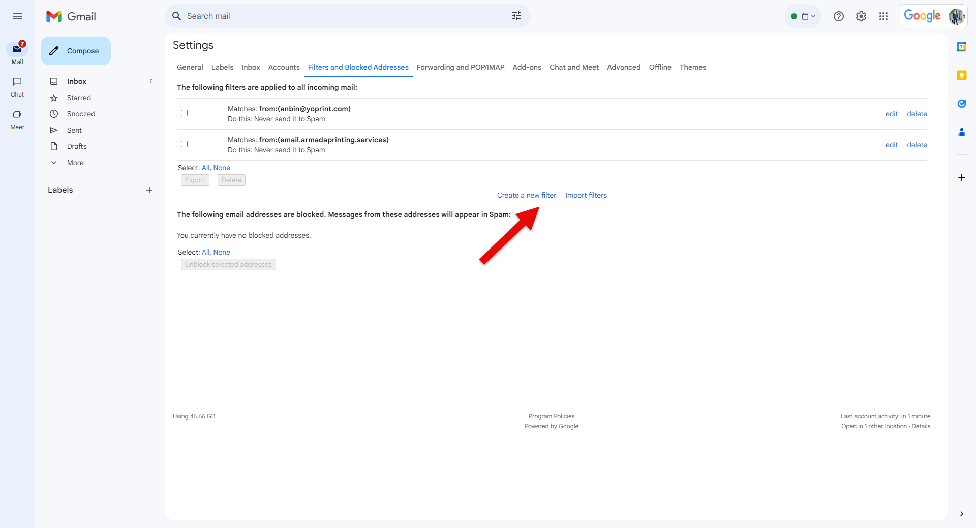 Create a new filter beneath the filter list