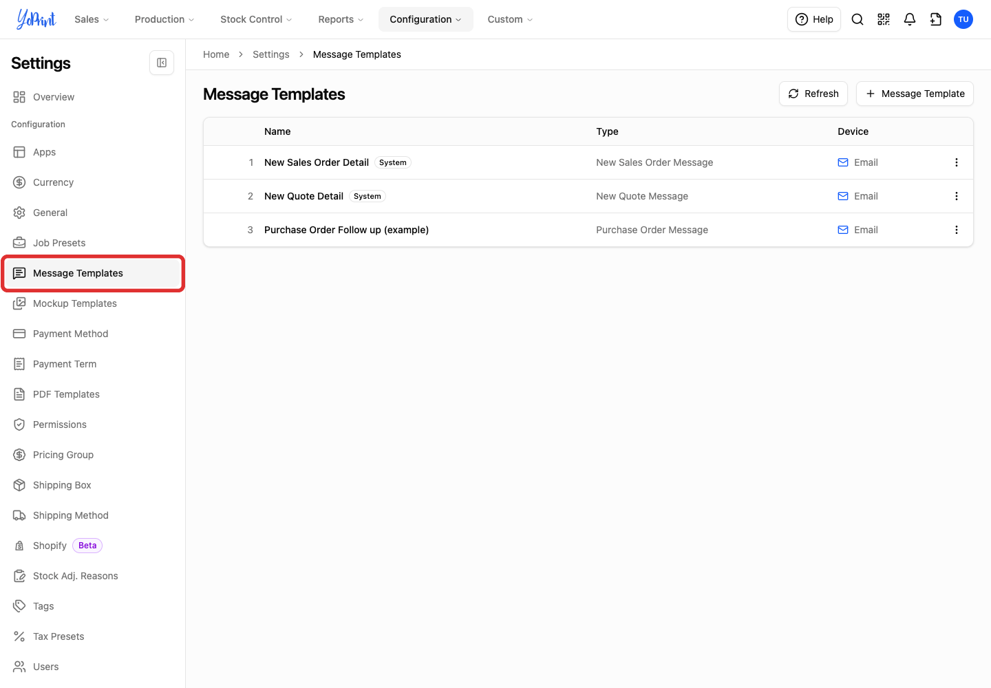 Message Templates in Settings