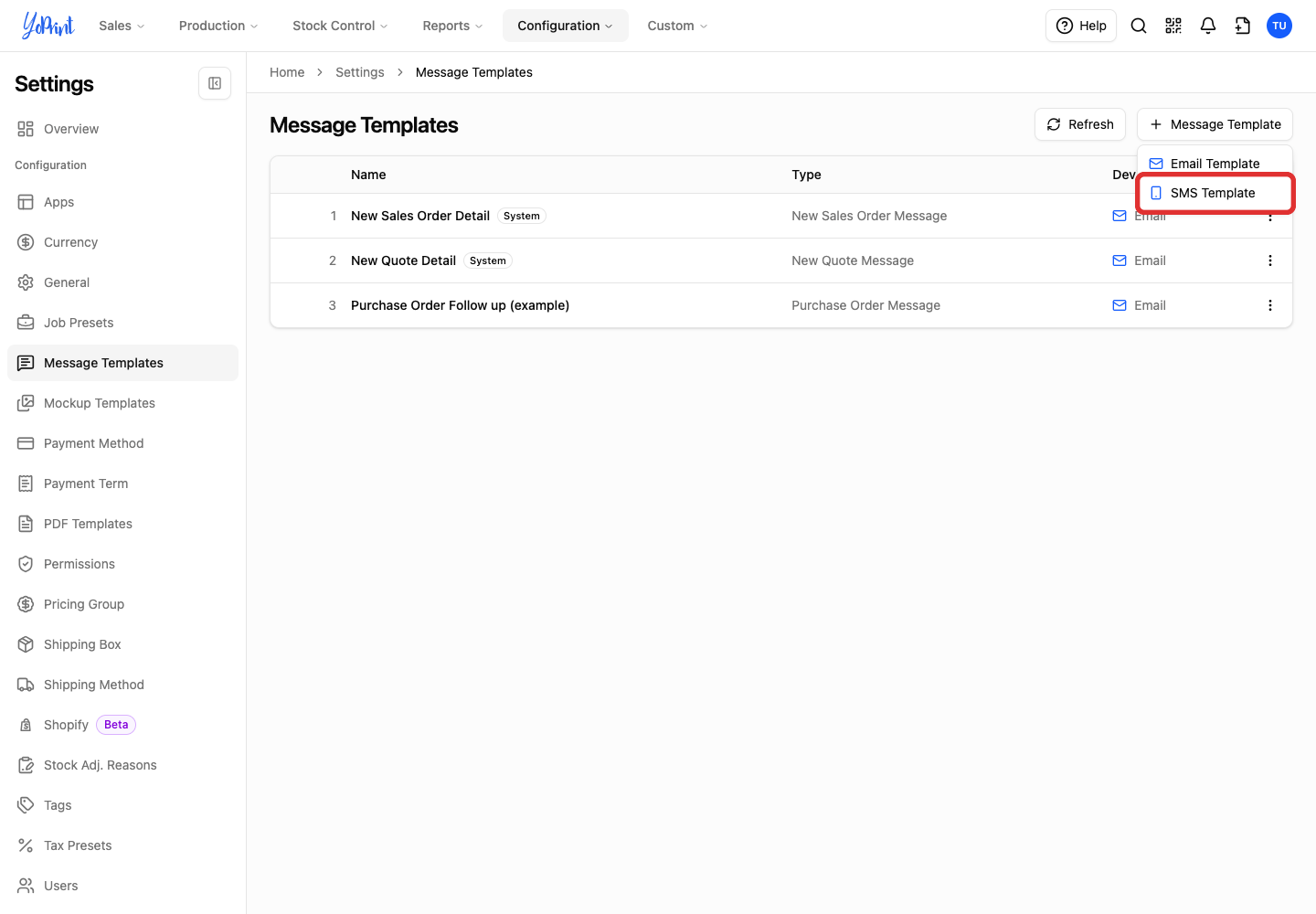 SMS Template in the menu