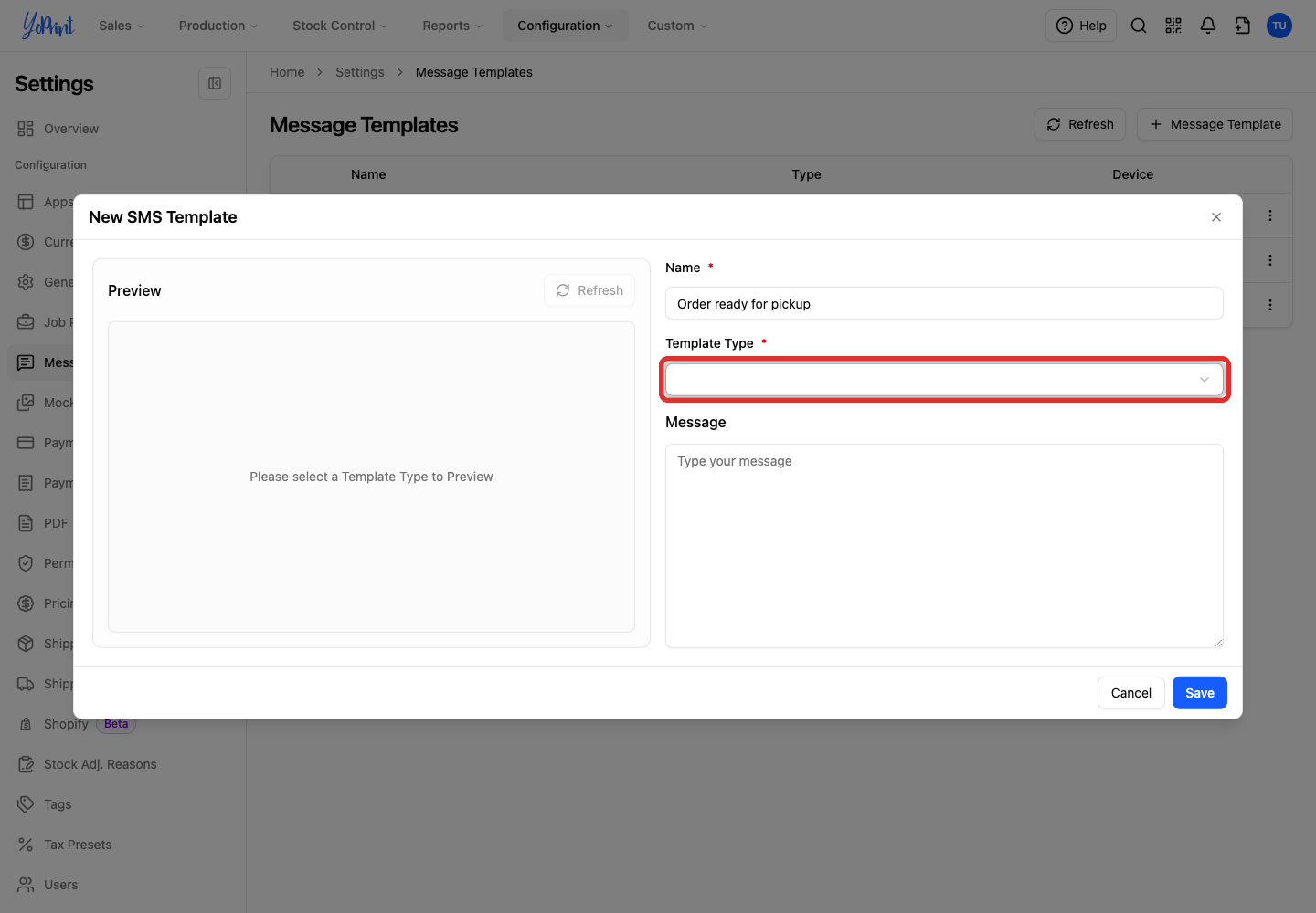 Template Type dropdown