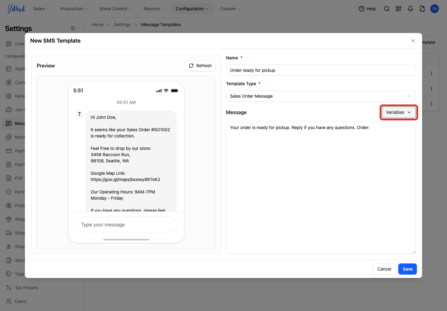 Variables button in the message editor