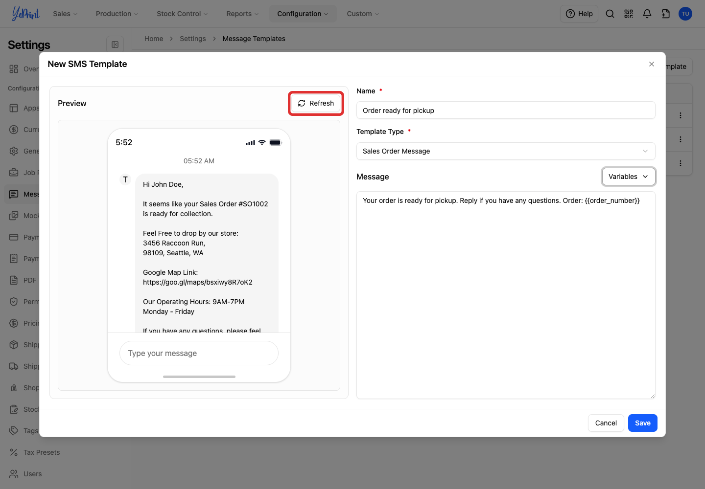 Refresh the SMS preview