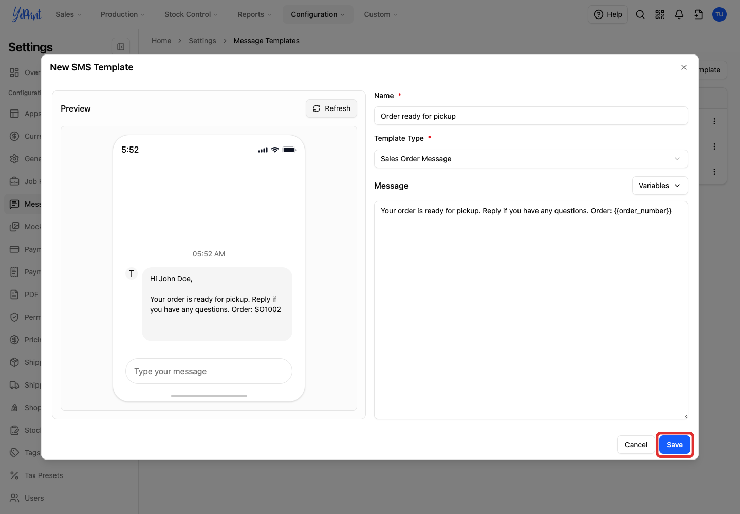 Save the SMS template