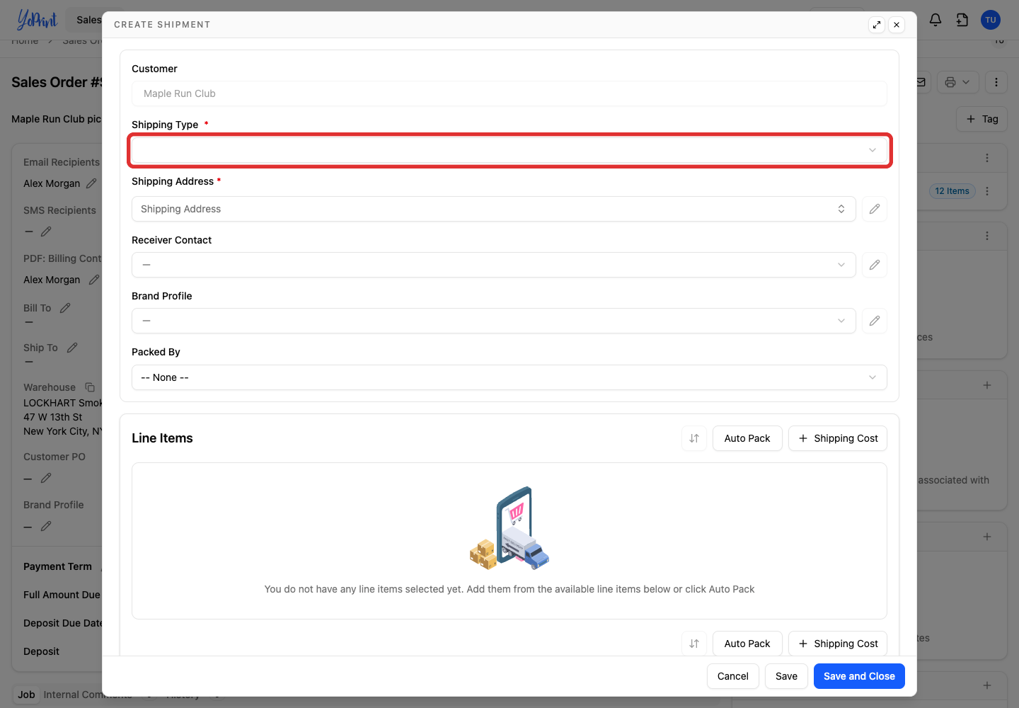 Shipping Type in the Create shipment dialog