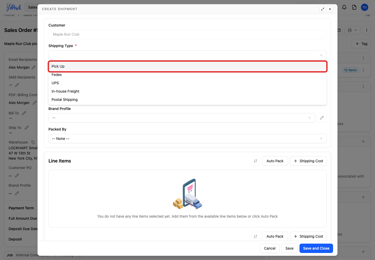 Pick Up in the shipping-type menu