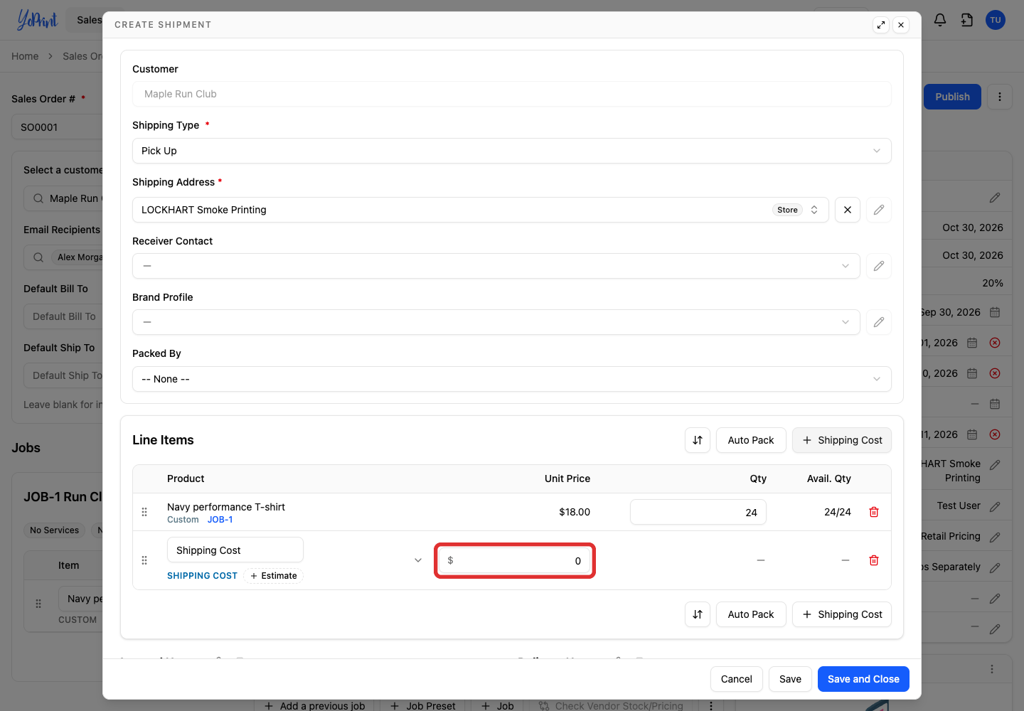 The amount field in the shipping-cost row