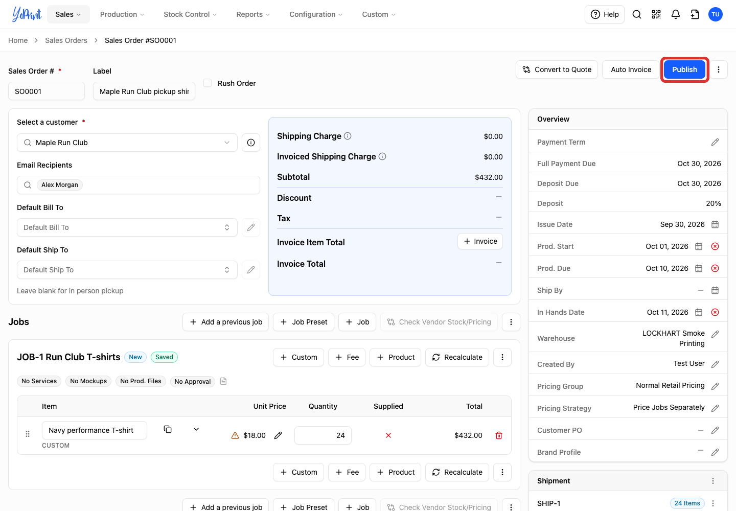 Publish in the sales-order editor