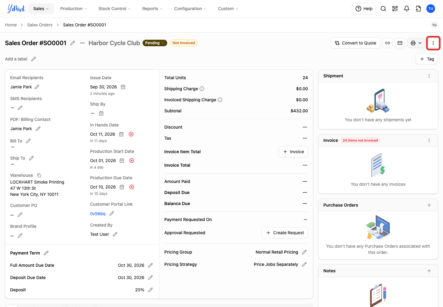 Quick Actions on the original sales order