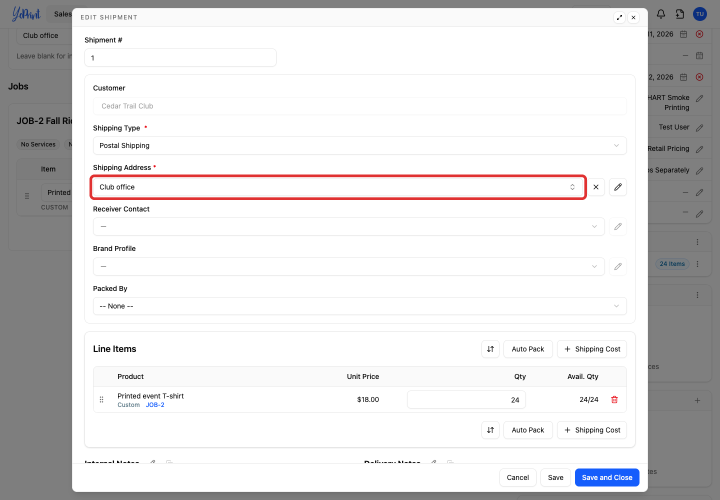 Shipping Address in the shipment editor