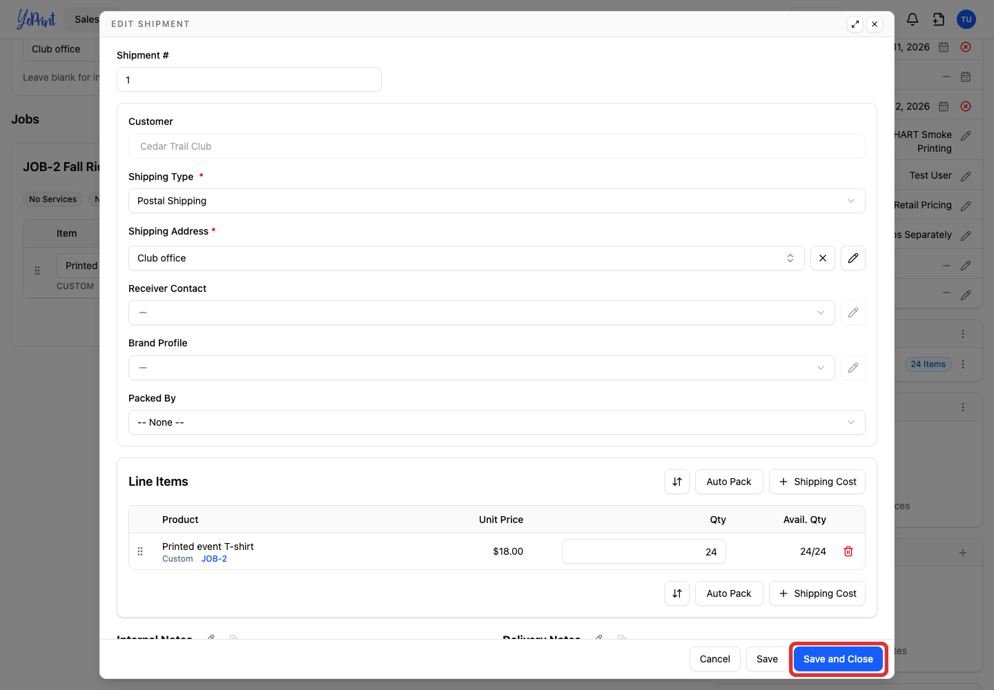 Save and Close in the shipment editor