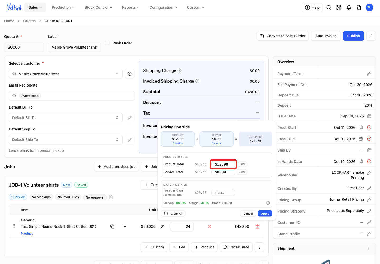 Product Total field in Pricing Override