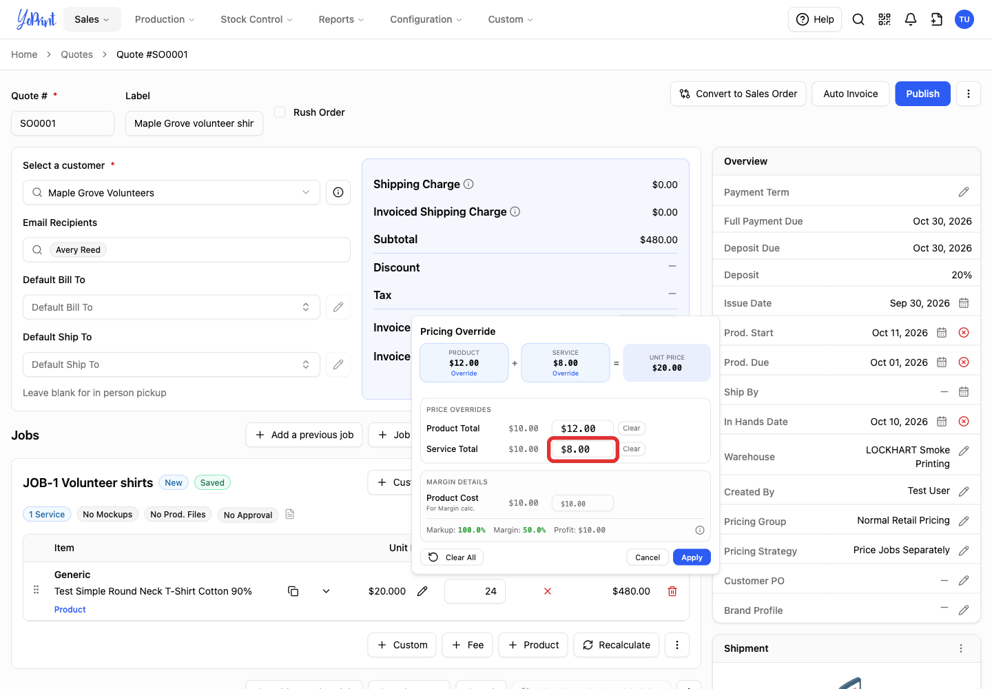 Service Total field in Pricing Override