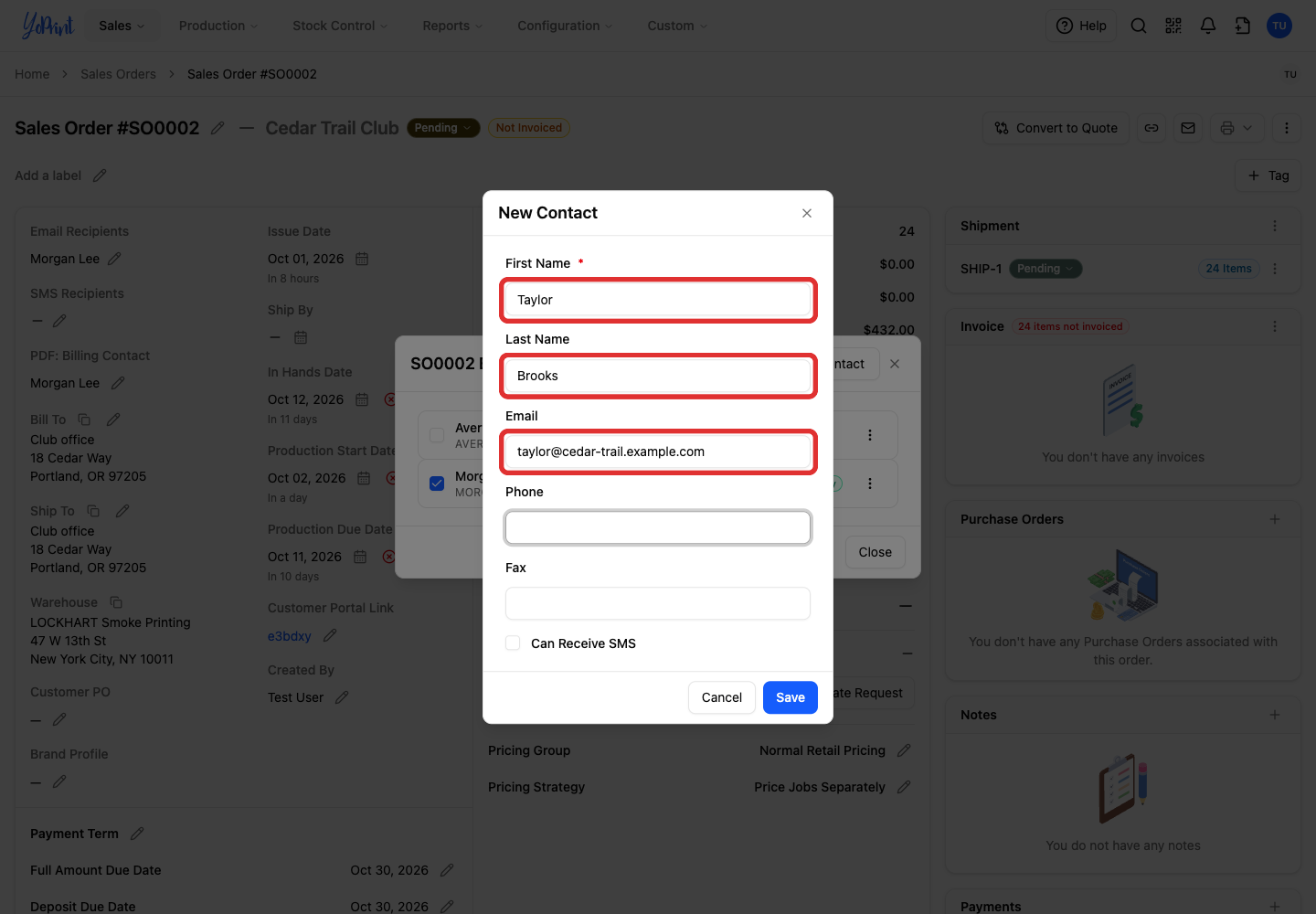 Name and email fields for a new contact
