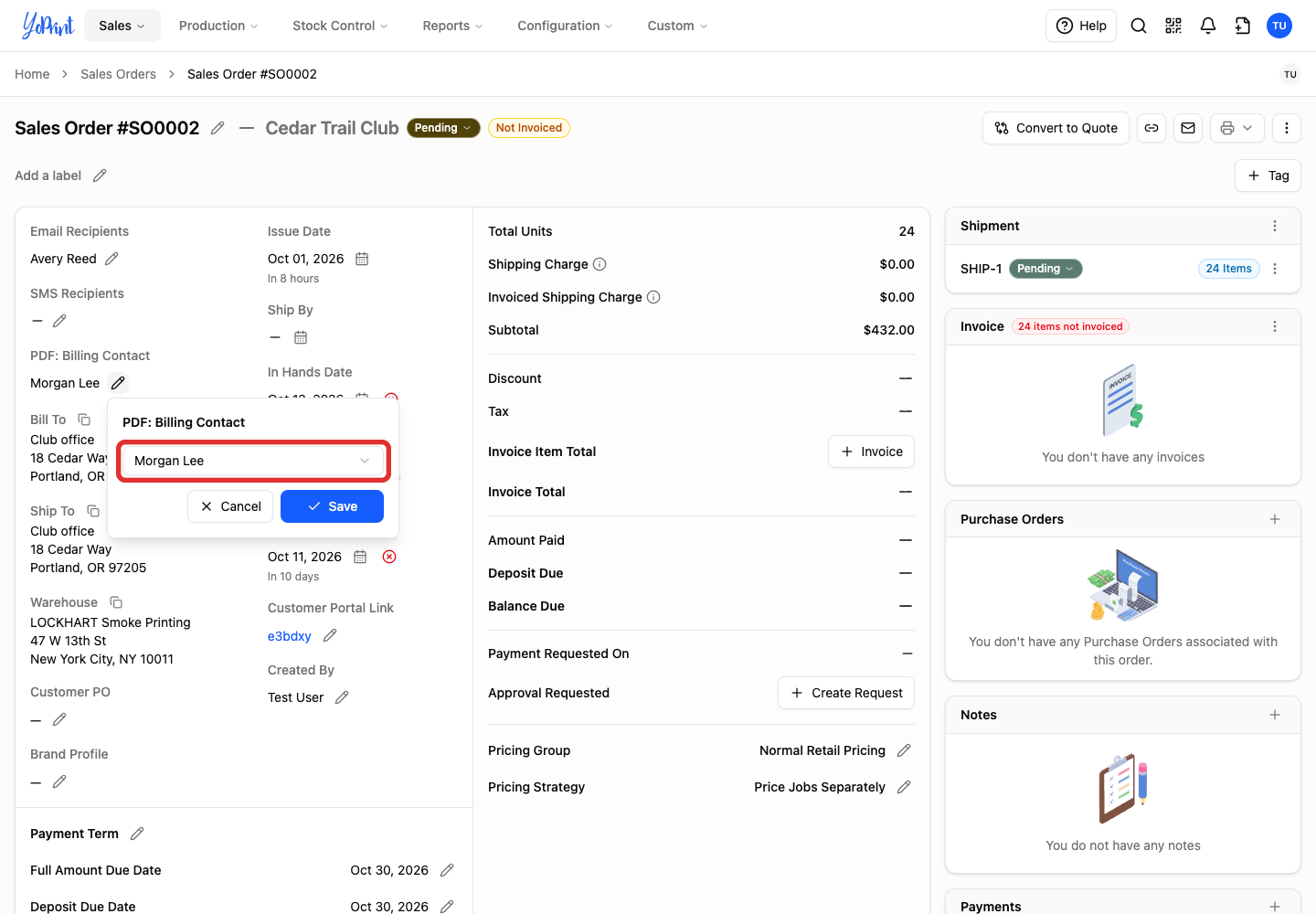 PDF Billing Contact dropdown