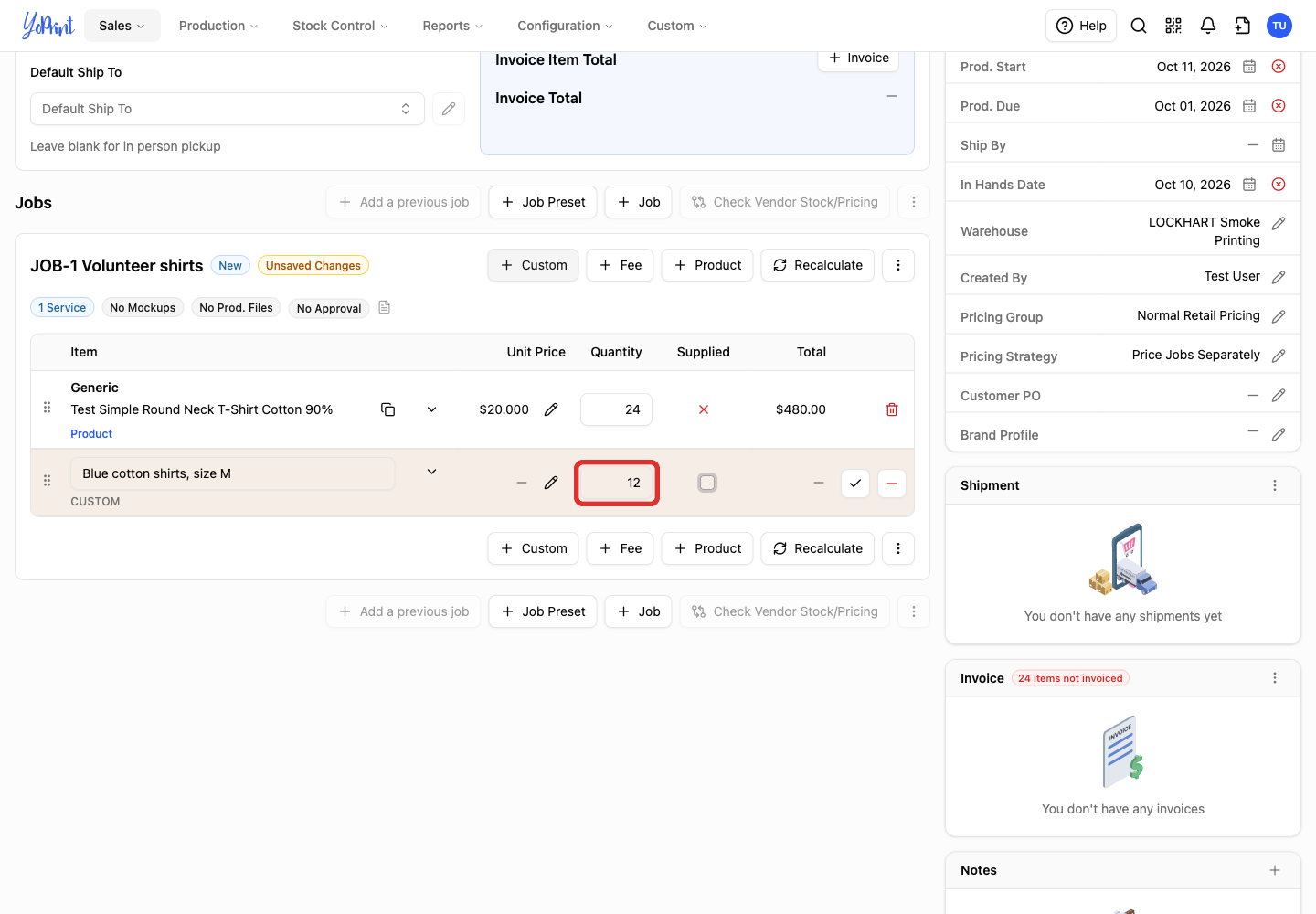 Quantity on the new custom product row