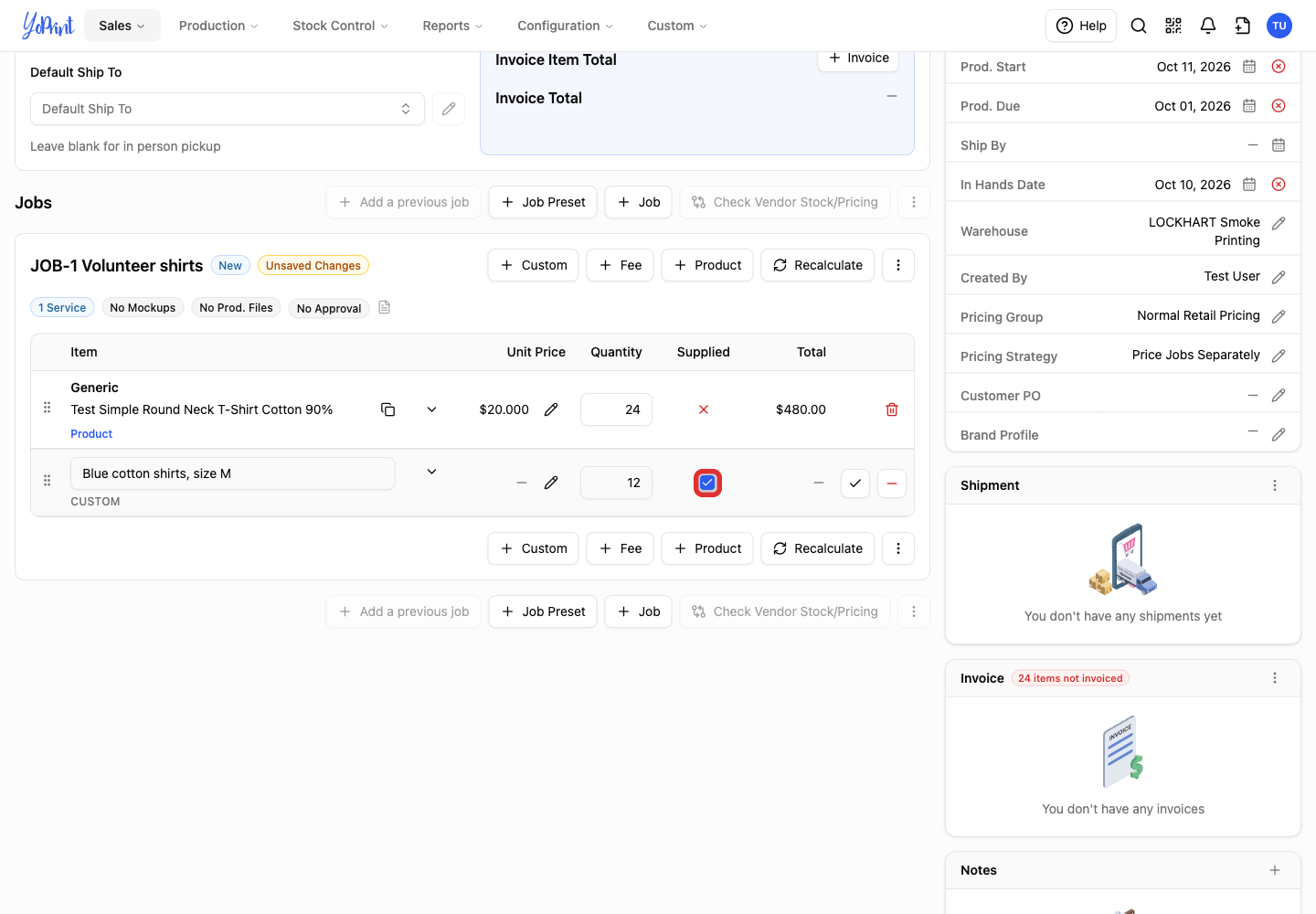 Customer Supplied checkbox selected