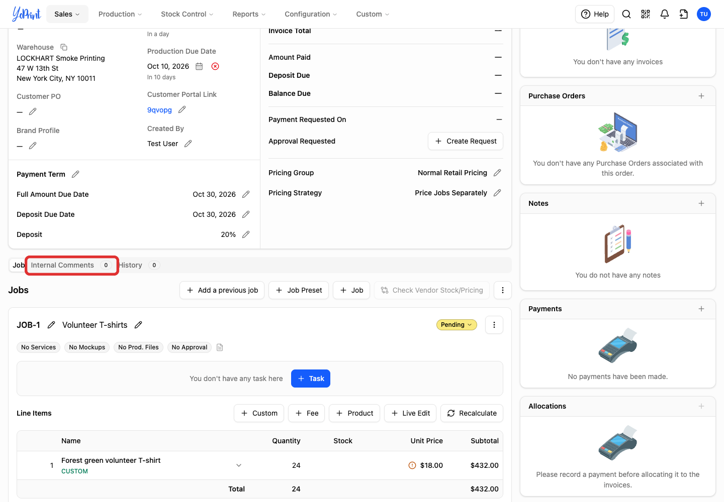 Internal Comments tab beneath the order details