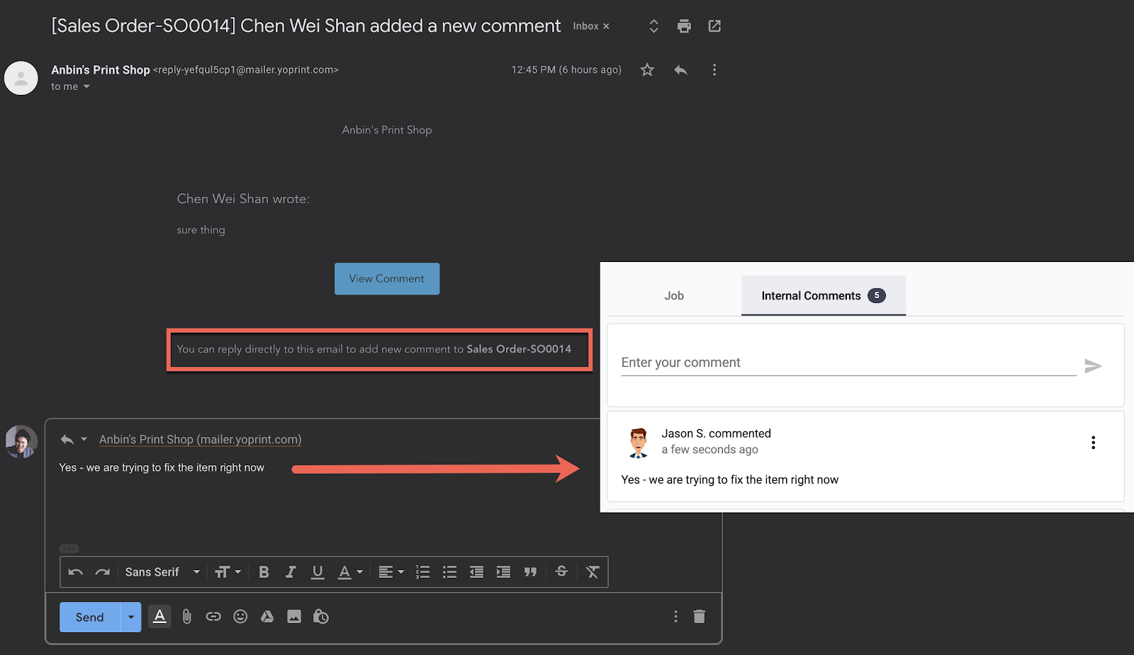 Original Gmail example showing a reply becoming an internal comment