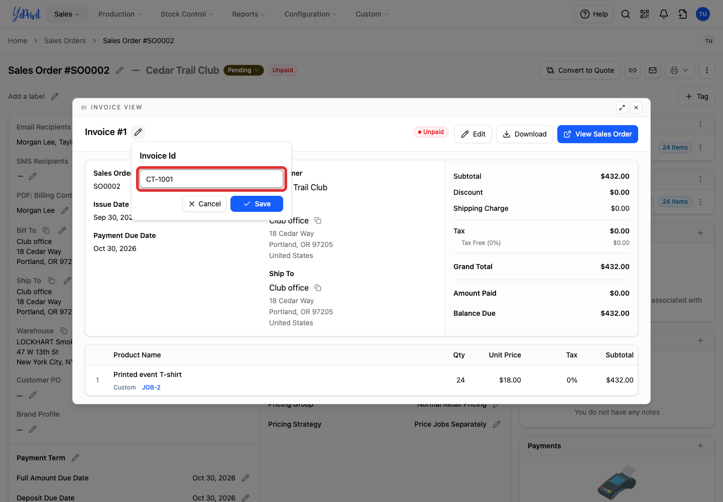 Enter CT-1001 as the invoice ID
