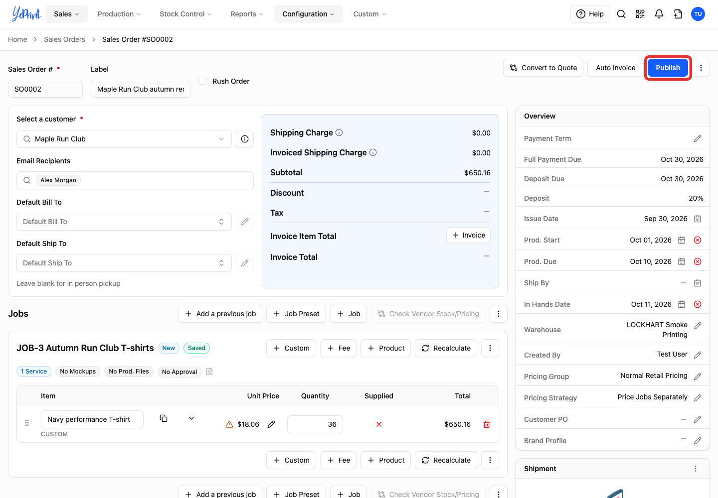 Publish the completed local sales order