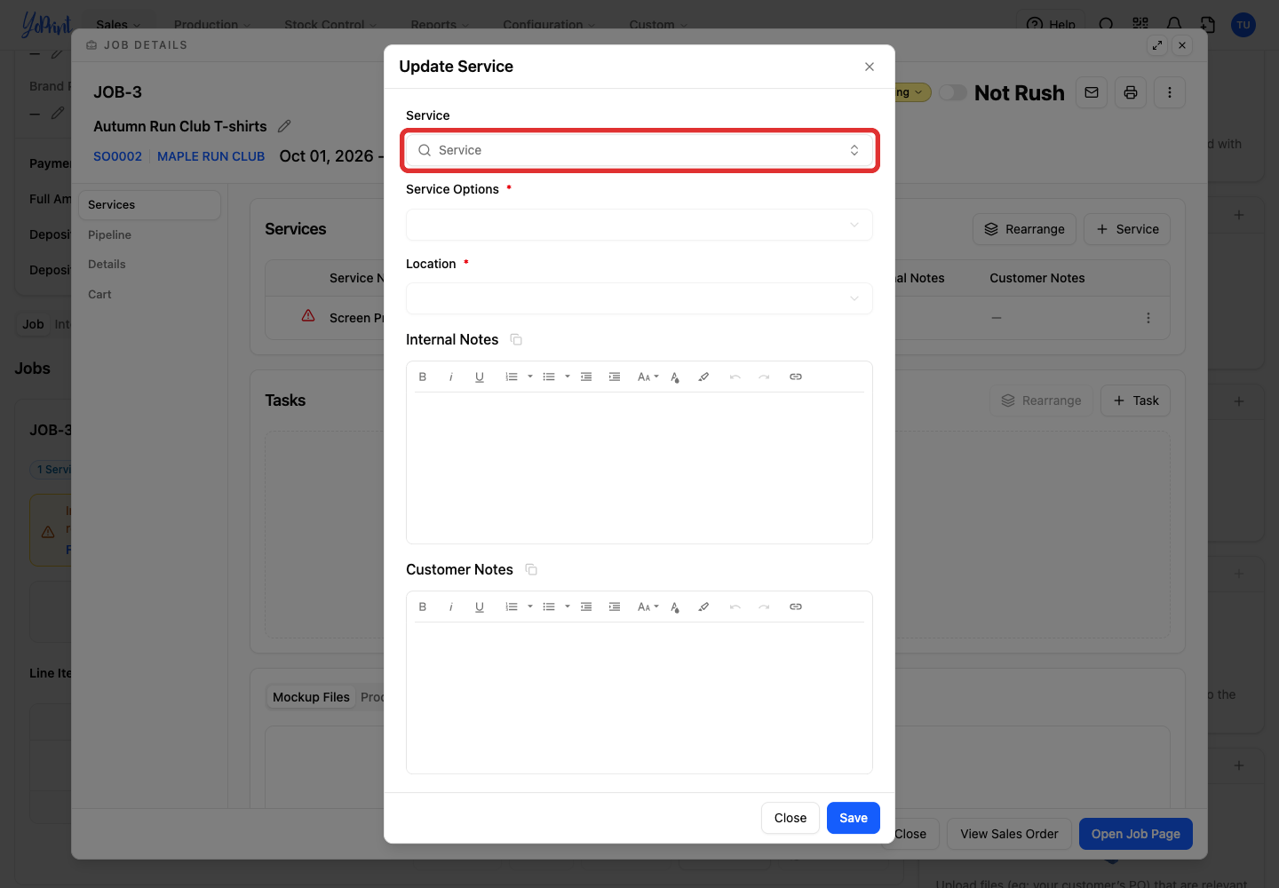 The Service field in Update Service