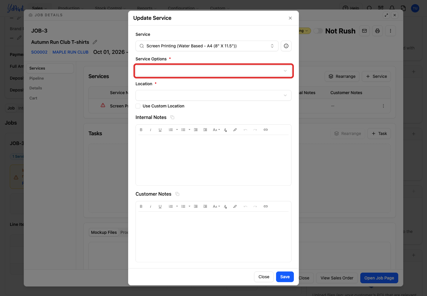The Service Options field