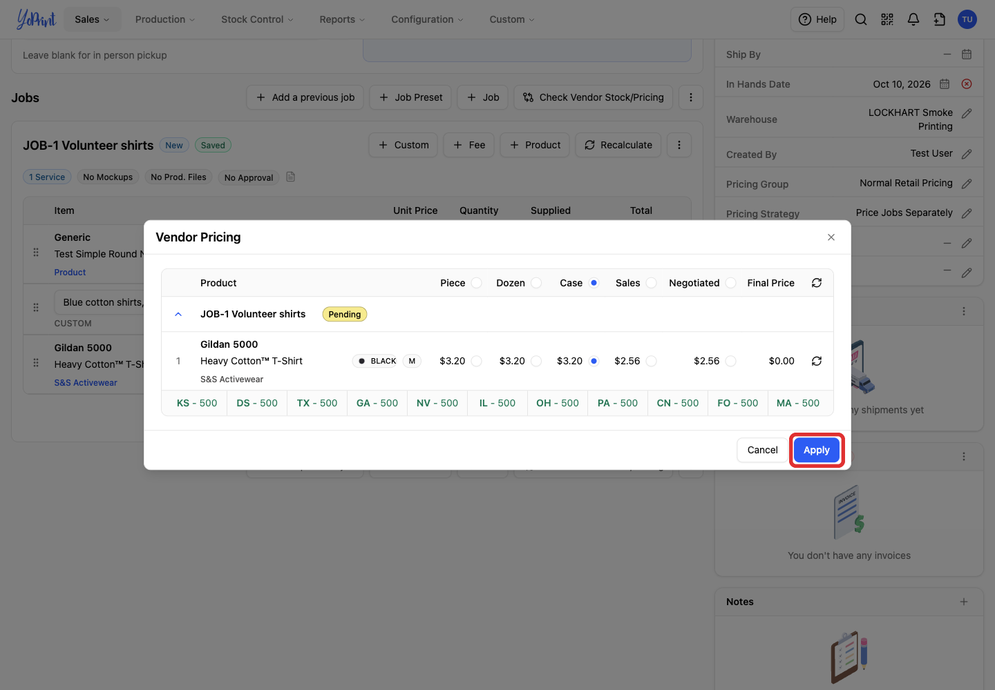 Apply the selected vendor price