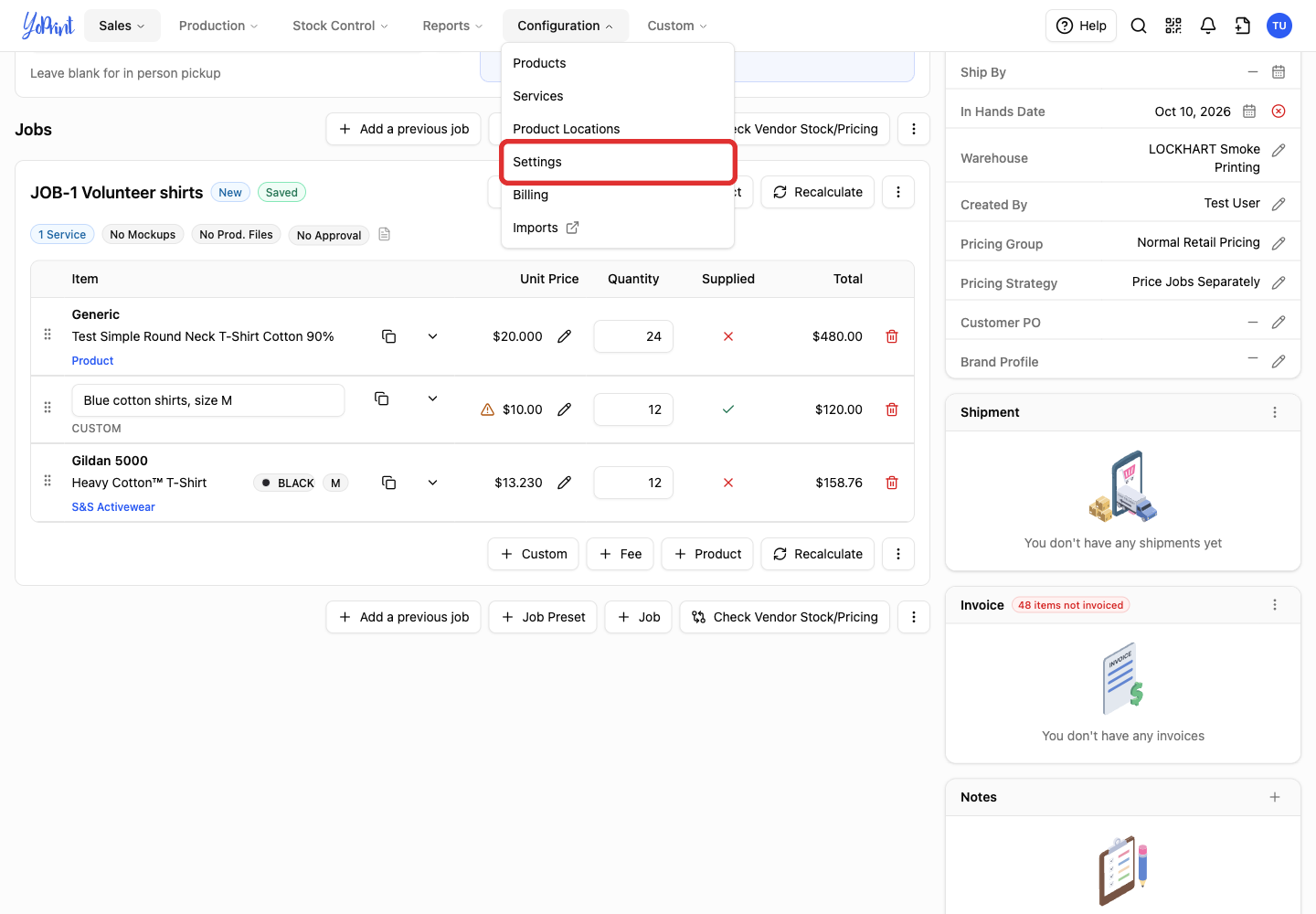 Settings in the Configuration menu