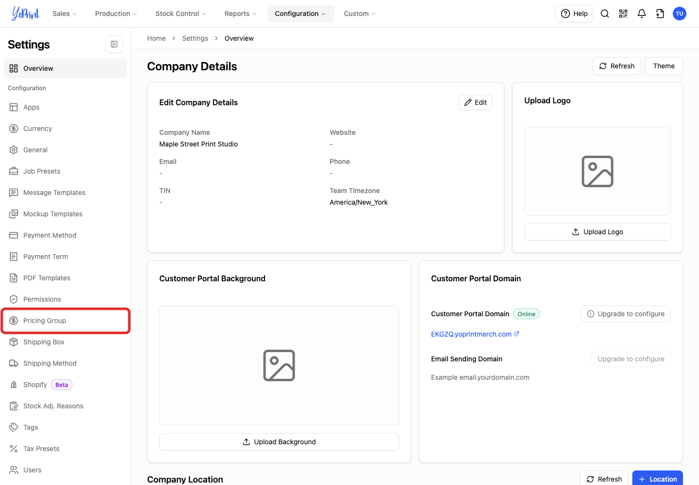 Pricing Group settings navigation