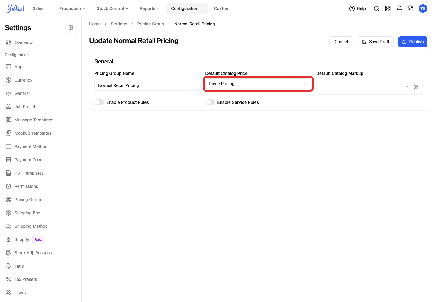 Default Catalog Price field