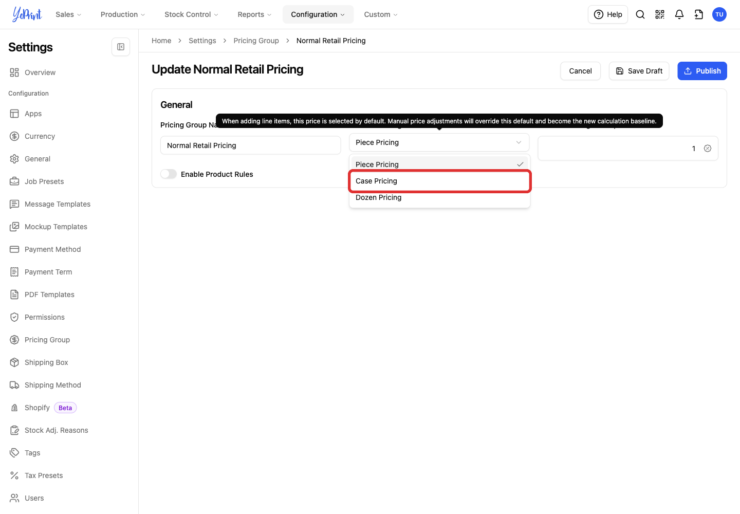 Case Pricing in the default catalog price menu