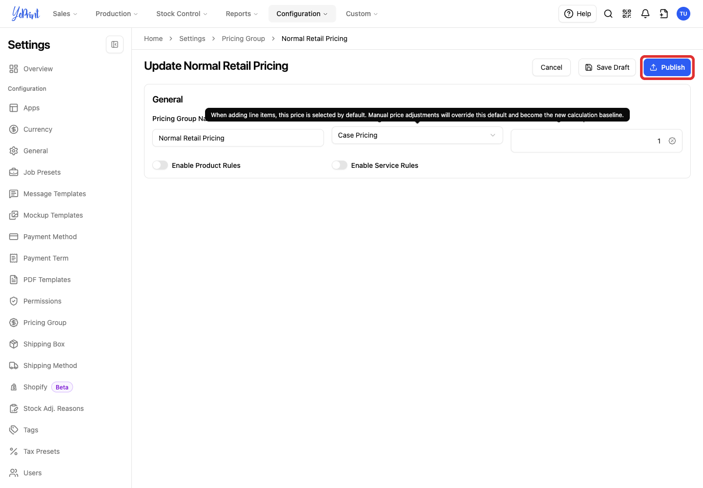 Publish the updated pricing group