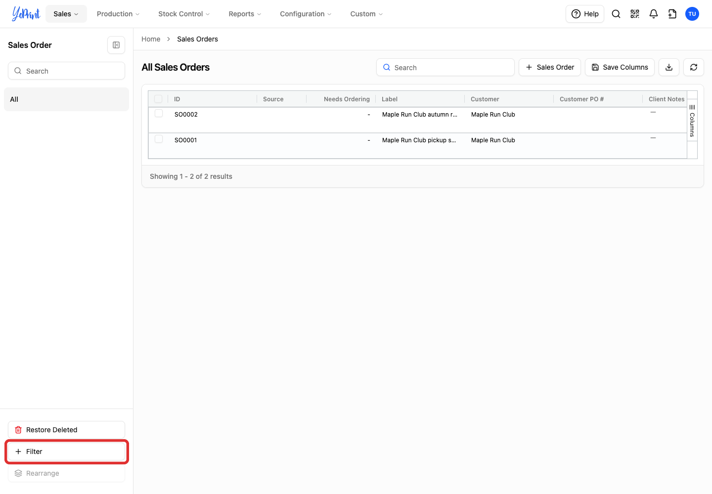 Filter in the Sales Order sidebar