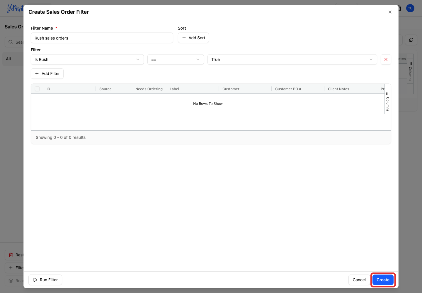 Create the Rush sales orders filter